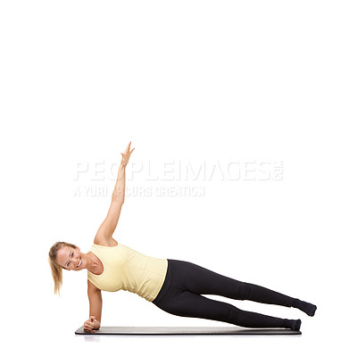 Buy stock photo Woman, pilates and mat in studio for stretching, fitness or workout for healthy body, happy or core muscle. Person, portrait or yoga on floor for abdomen health on mockup space or white background