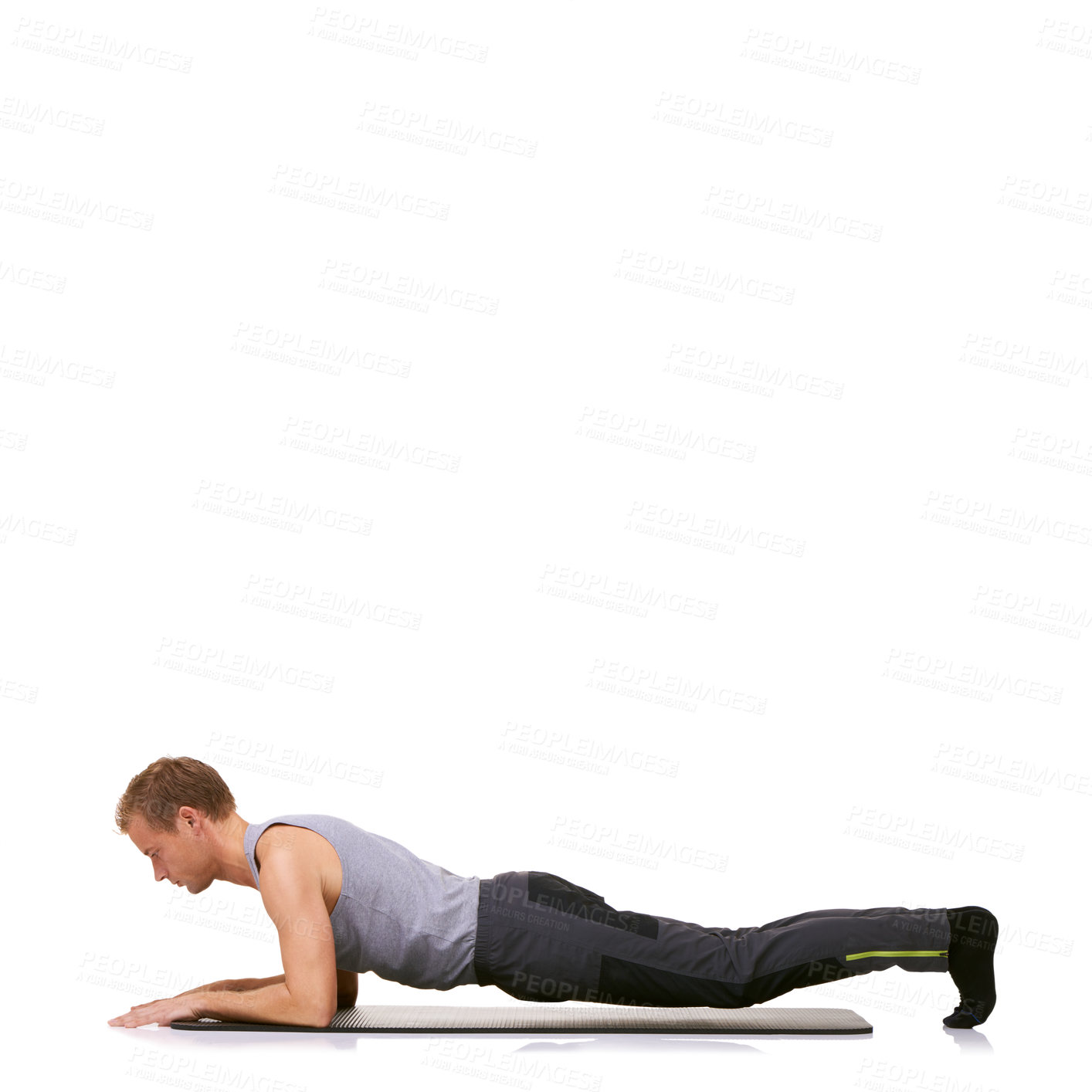 Buy stock photo Man, plank and mat in studio for exercise, fitness or workout for healthy body, wellness or core muscle. Person, training and balance on floor for abdomen health on mock up space or white background