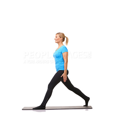 Buy stock photo Body, health and fitness with woman in studio for stretching, exercise and wellness. Workout, training and self care with female person on floor of white background for pilates, gym and mockup space