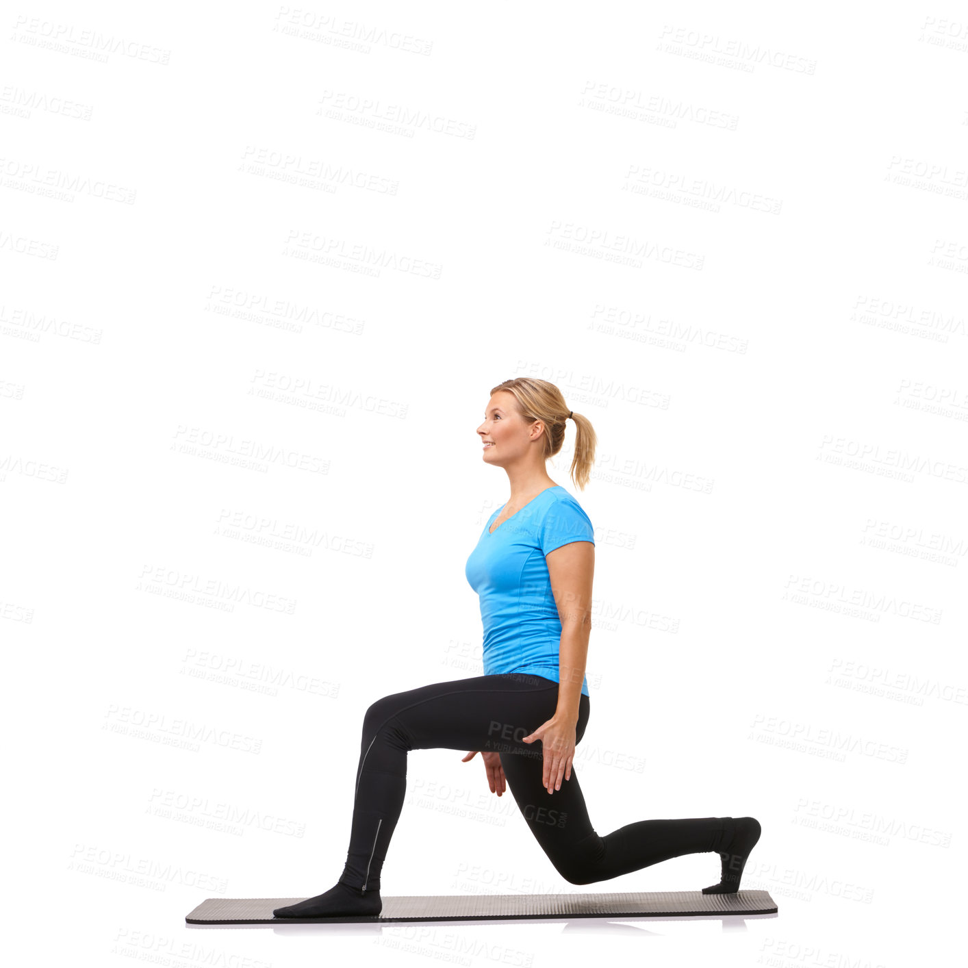 Buy stock photo Workout, health and lunge with woman in studio for gym, exercise or wellness. Training, fitness and self care with female person on floor of white background for pilates, body and mockup space