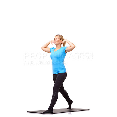 Buy stock photo Yoga, health and mat with woman in studio for stretching, exercise and wellness. Workout, fitness and self care with female person on floor of white background for pilates, body and mockup space