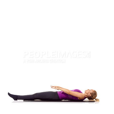 Buy stock photo Yoga mat, health and wellness with woman in studio for peace, exercise and relax. Workout, fitness and self care with female person on floor of white background for pilates, body or mockup space