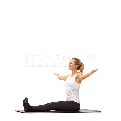 Buy stock photo Exercise, health and training with woman in studio for gym, smile and wellness. Workout, fitness and self care with female person on floor of white background for pilates, body and mockup space