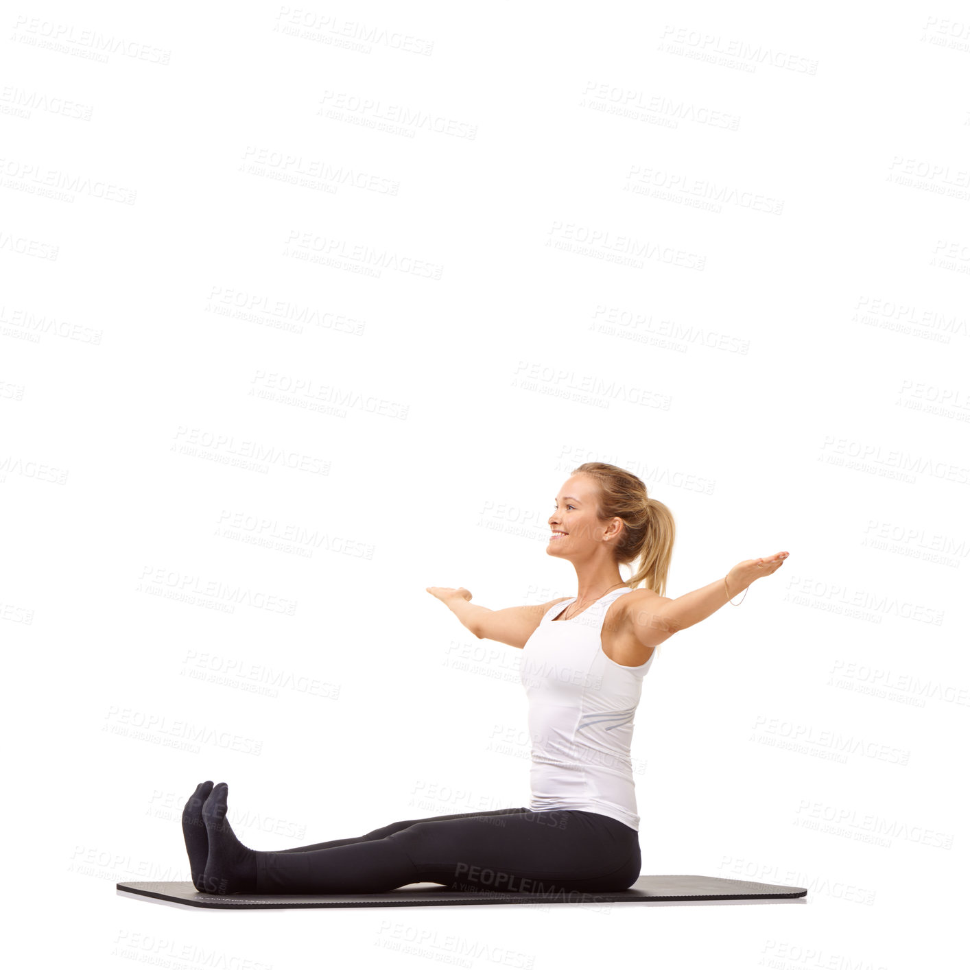 Buy stock photo Exercise, health and training with woman in studio for gym, smile and wellness. Workout, fitness and self care with female person on floor of white background for pilates, body and mockup space