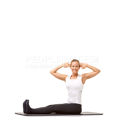 Buy stock photo Yoga, smile and portrait of woman in studio for stretching, exercise and wellness. Workout, fitness and self care with female person on floor of white background for pilates, body and mockup space