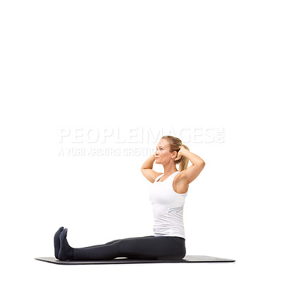 Buy stock photo Fitness, health and workout woman in studio for relax, exercise and wellness. Training, gym and self care with female person on floor of white background for pilates, body and mockup space