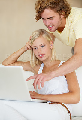 Buy stock photo Laptop, choice and couple on sofa with social media search, movies or streaming at home together. Online shopping, relax and people in living room checking ecommerce, website or deal, sale or survey