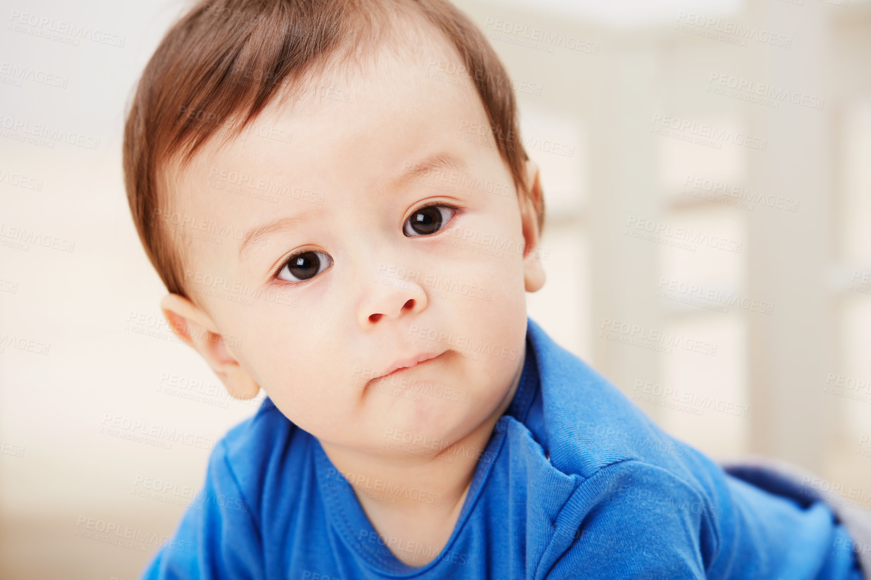 Buy stock photo Closeup portrait of an adorable baby boy smiling at the camera