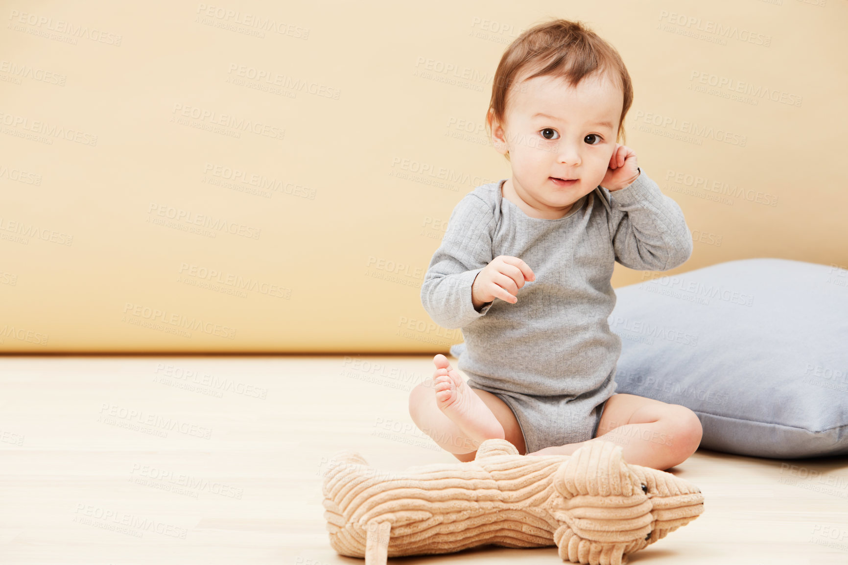 Buy stock photo Baby, portrait and stuffed animal or playing in home or comfort, childhood development or entertainment. Kid, toy teddy and learning in apartment or education progress, coordination, growth or mockup