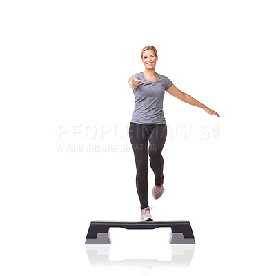Buy stock photo Portrait, aerobics and woman with balance, workout and model isolated on a white studio background. Person, mockup space and girl with training, wellness and energy with cardio, fitness and happy