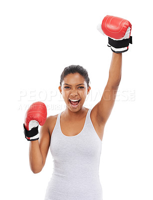 Buy stock photo Portrait, boxer and celebration with woman, sports and exercise isolated on a white studio background. Face, person and challenge with boxing, winning and mma training with impact, energy or victory