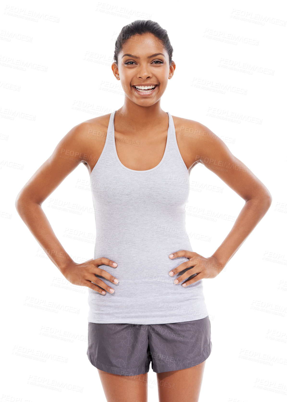 Buy stock photo Portrait, smile and woman with fitness, workout and wellness isolated on a white studio background. Exercise, person and model with joy, challenge and training with health, cheerful and mockup space