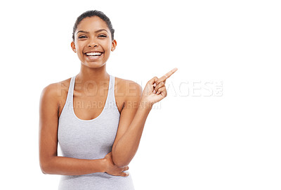 Buy stock photo Pointing up, exercise and woman with promotion, portrait and wellness isolated on a white studio background. Person, hand gesture or model with decision, options and choice with sports or opportunity