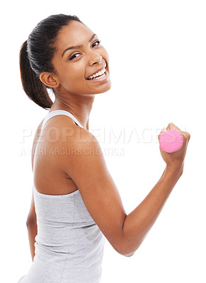 Buy stock photo A young woman exercising with weights