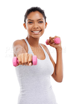 Buy stock photo Happy woman, portrait and dumbbells for weightlifting, exercise or workout against a white studio background. Active female person smile for lifting, bodybuilding or muscle gain in fitness on mockup