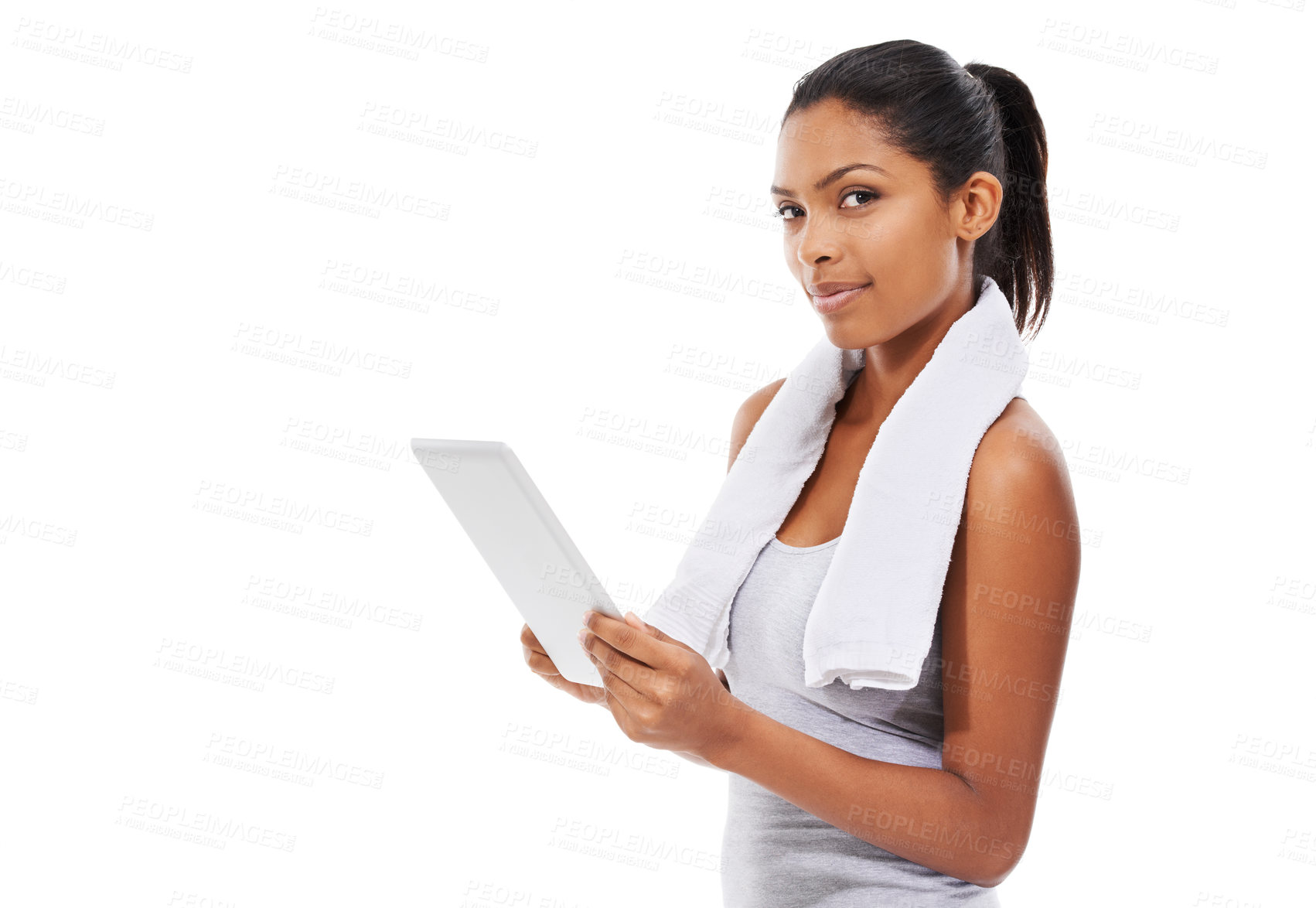 Buy stock photo Fitness, internet and woman with tablet, portrait and exercise isolated on a white studio background. Person, face and model with technology, connection and online with information, wellness or towel