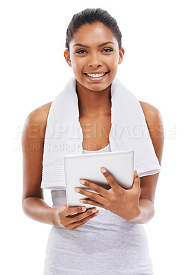 Buy stock photo Fitness, internet and woman with a tablet, portrait and smile isolated on white studio background. Person, girl and model with workout, connection and online with information, wellness and technology