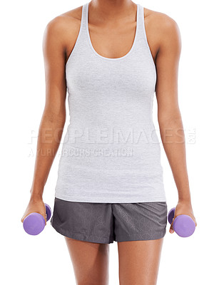 Buy stock photo Woman, hands and dumbbells for weightlifting, exercise or workout against a white studio background. Closeup of female person with small weights for bodybuilding or muscle gain in fitness on mockup