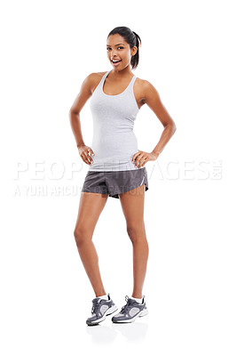 Buy stock photo Woman, portrait and fitness with a smile and confidence in a studio for exercise and training. Wellness, happy and female person with workout and sport of athlete with white background and sportswear