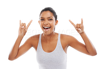 Buy stock photo Happy woman, portrait and rock hands in fitness, health and wellness against a white studio background. Face of excited female person in gym clothing with sign, emoji or energy for exercise on mockup