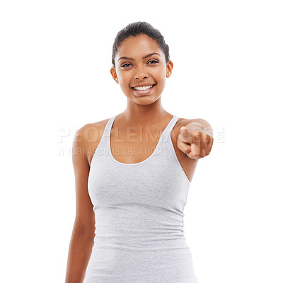 Buy stock photo Pointing to you, fitness and woman with portrait, motivation and wellness isolated on white studio background. Person, hand gesture or model with exercise, decision and choice with feedback or option