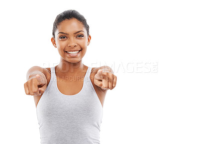 Buy stock photo Pointing to you, sports and woman with portrait, motivation and wellness isolated on a white studio background. Person, hand gesture or model with exercise, feedback or choice with option or workout