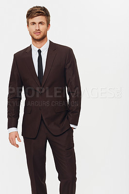 Buy stock photo Portrait, corporate and a young business man in studio on a white background for the start of his career. Company, work or job with a confident employee in a trendy suit as a formal professional
