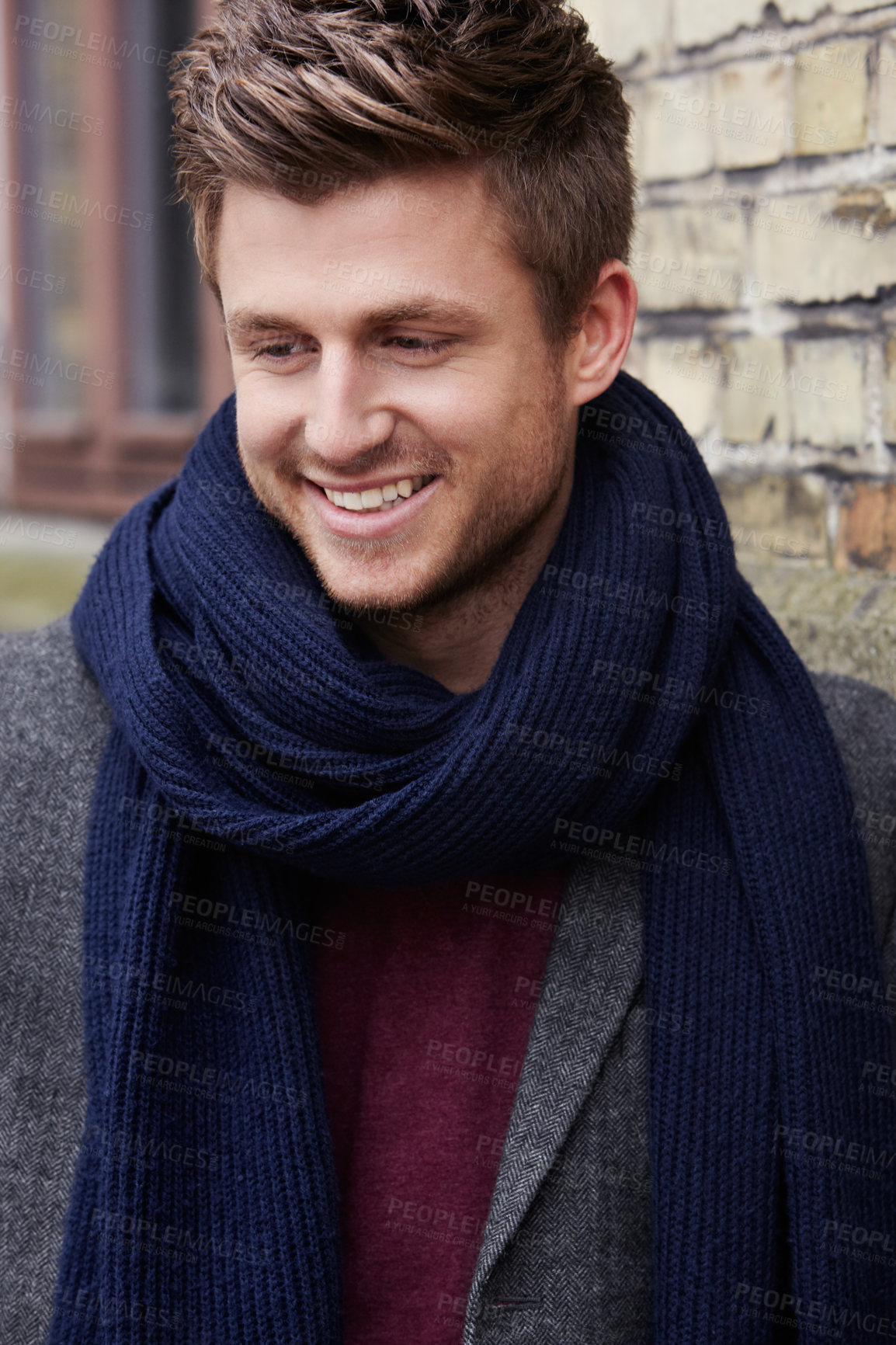 Buy stock photo Fashion, smile and a man in the city during winter for masculine style on the street or sidewalk. Thinking, idea or happy with a trendy young model outdoor in a scarf and warm clothing outfit