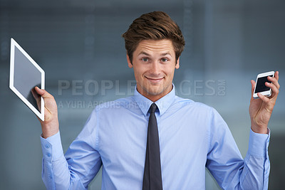 Buy stock photo Businessman, phone and tablet with smile for business with choice, decision or deal for advertising. Entrepreneur, person or technology for communication, networking and research in office or work