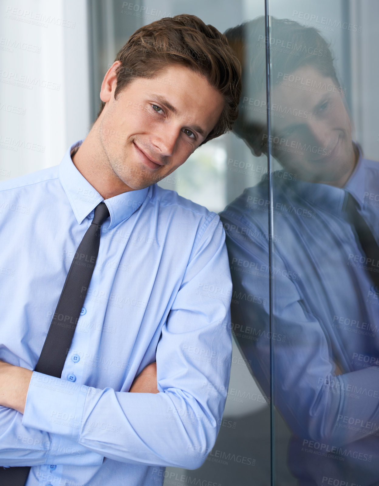 Buy stock photo Arms crossed, happy and portrait of business man, professional consultant or agent smile for career, job or corporate. Leaning on wall, confident lawyer and person with pride in law firm company