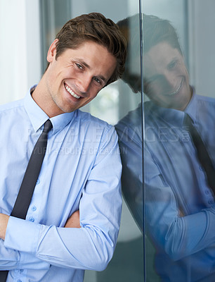 Buy stock photo Smile, crossed arms and portrait of business man, professional consultant or agent happy for corporate career success. Legal company, confident lawyer and relax person leaning on wall