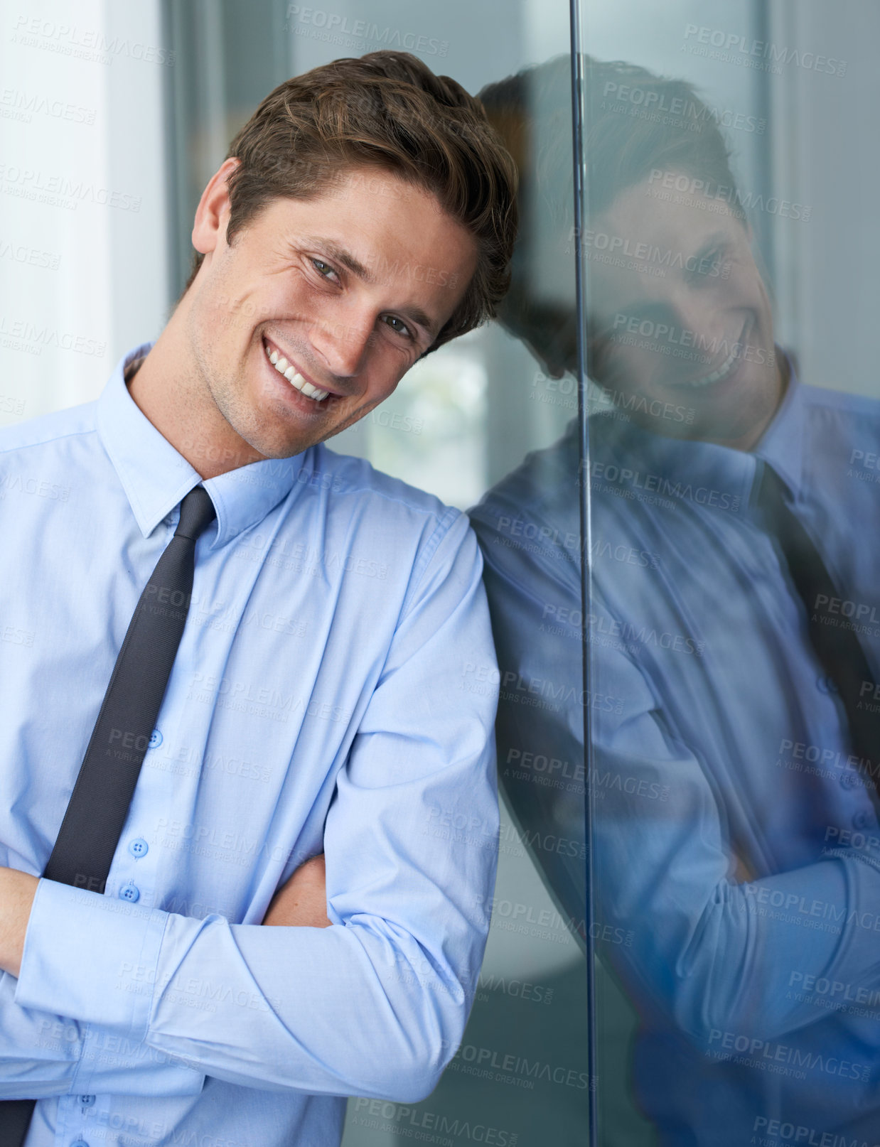 Buy stock photo Smile, crossed arms and portrait of business man, professional consultant or agent happy for corporate career success. Legal company, confident lawyer and relax person leaning on wall