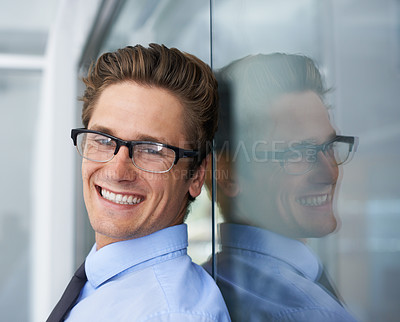 Buy stock photo Smile, face portrait and professional man, business consultant or agent happy for success, career or corporate growth. Happiness, confident person and businessman, lawyer or expert in law firm