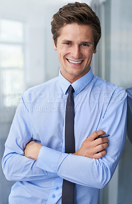 Buy stock photo Crossed arms, smile and portrait of professional man, business consultant or agent happy for job success. Happiness, confident person and relax businessman, accountant or expert with career pride