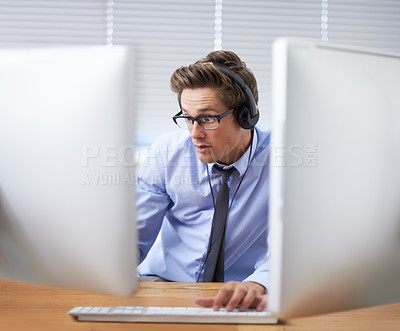 Buy stock photo Computer, office surprise and business man shocked over information technology news, system notification or report. Listening to music, cybersecurity developer and person reading script, code or data