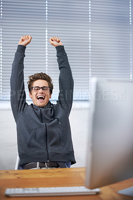Buy stock photo Computer, celebration portrait and happy man, business agent or consultant excited for winning, notification or success. Winner, cheers and person celebrate wow news, achievement or done with project