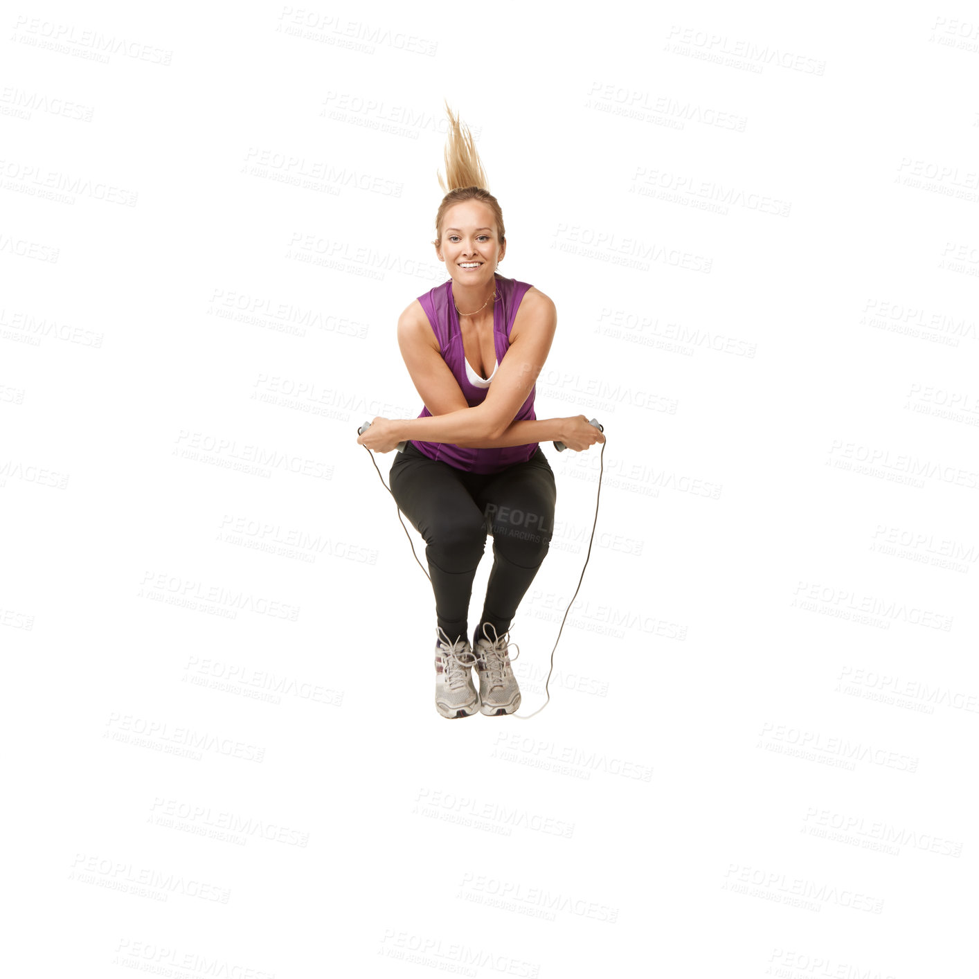 Buy stock photo Portrait of an attractive young woman skipping