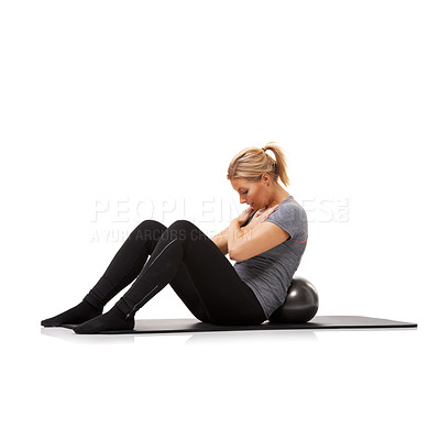 Buy stock photo Exercise ball, stretching and woman with workout, body and wellness isolated on a white studio background. Person, mockup space and girl with training, healthy and breathing with balance and model