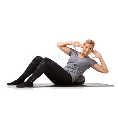 Buy stock photo Woman, portrait and sit up with exercise ball for abs obliques workout, fitness or white background. Female person, face and yoga mat or equipment for healthy gym or balance, mockup space in studio