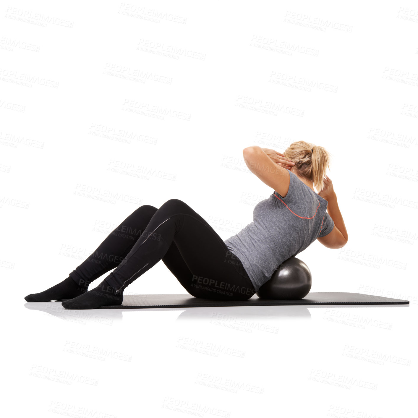 Buy stock photo Fitness, exercise and woman on floor with ball for pilates, body building care and health in studio. Gym, training and girl on mat with cardio, energy and muscle workout isolated on white background.