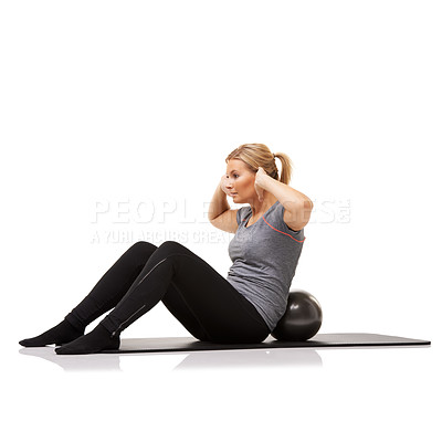 Buy stock photo Exercise ball, fitness and woman with health, stretching and wellness isolated on a white studio background. Person, mockup space and girl with training, workout and breathing with balance and crunch