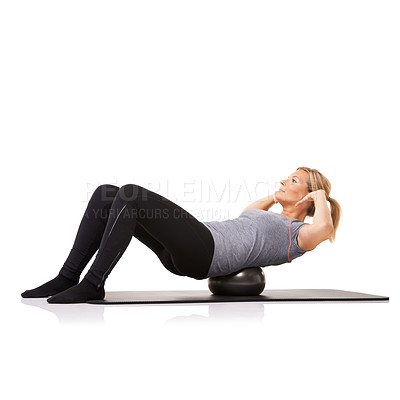 Buy stock photo Exercise ball, fitness and woman with workout, energy and wellness isolated on a white studio background. Person, mockup space and girl with training, healthy and breathing with balance or stretching
