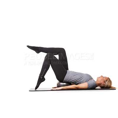 Buy stock photo Workout legs, pilates and woman on ball in exercise, training and healthy body isolated on a white studio background mockup space. Floor, mat and person on equipment for sports, balance or fitness