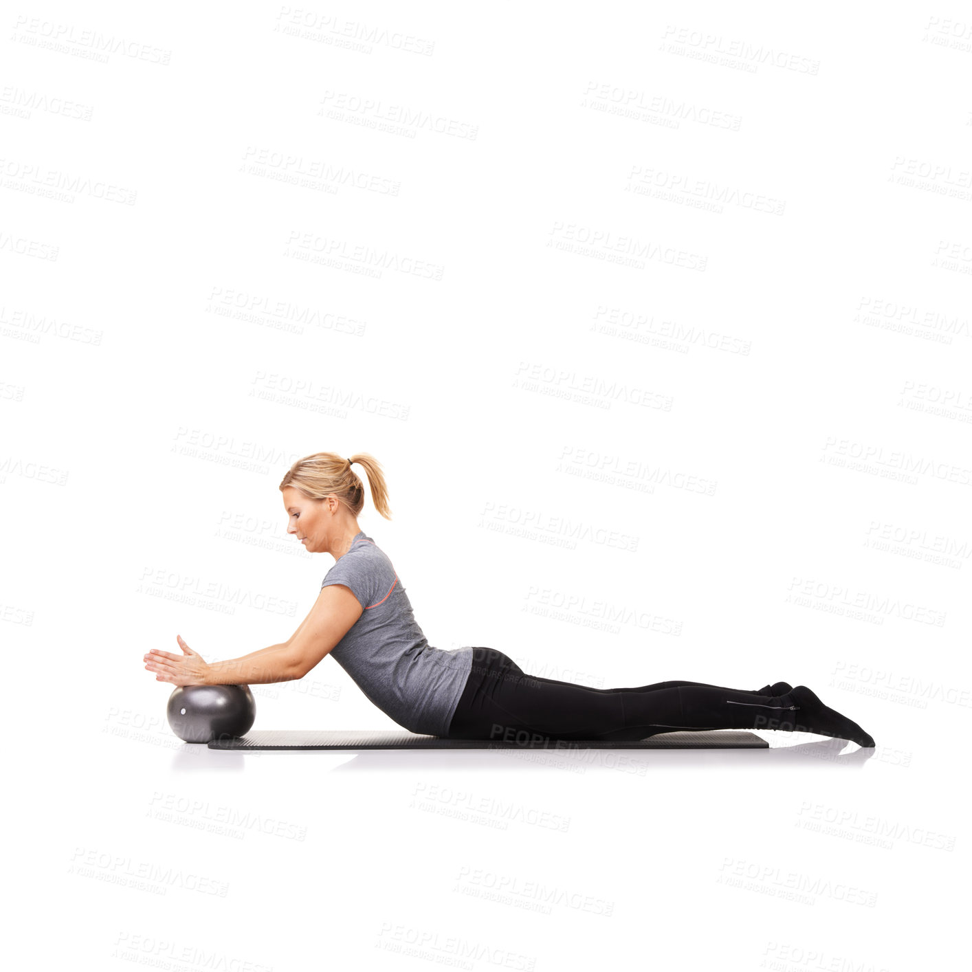 Buy stock photo Woman, ball and arm balance on yoga mat for stretching back, pilates performance or white background. Female person, gym equipment and fitness in studio for mockup space, challenge or flexibility