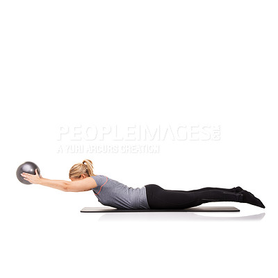 Buy stock photo Stretching arms, pilates or woman with ball in workout, exercise or body health isolated on white studio background mockup space. Flexible, mat or person on equipment for balance, training or fitness