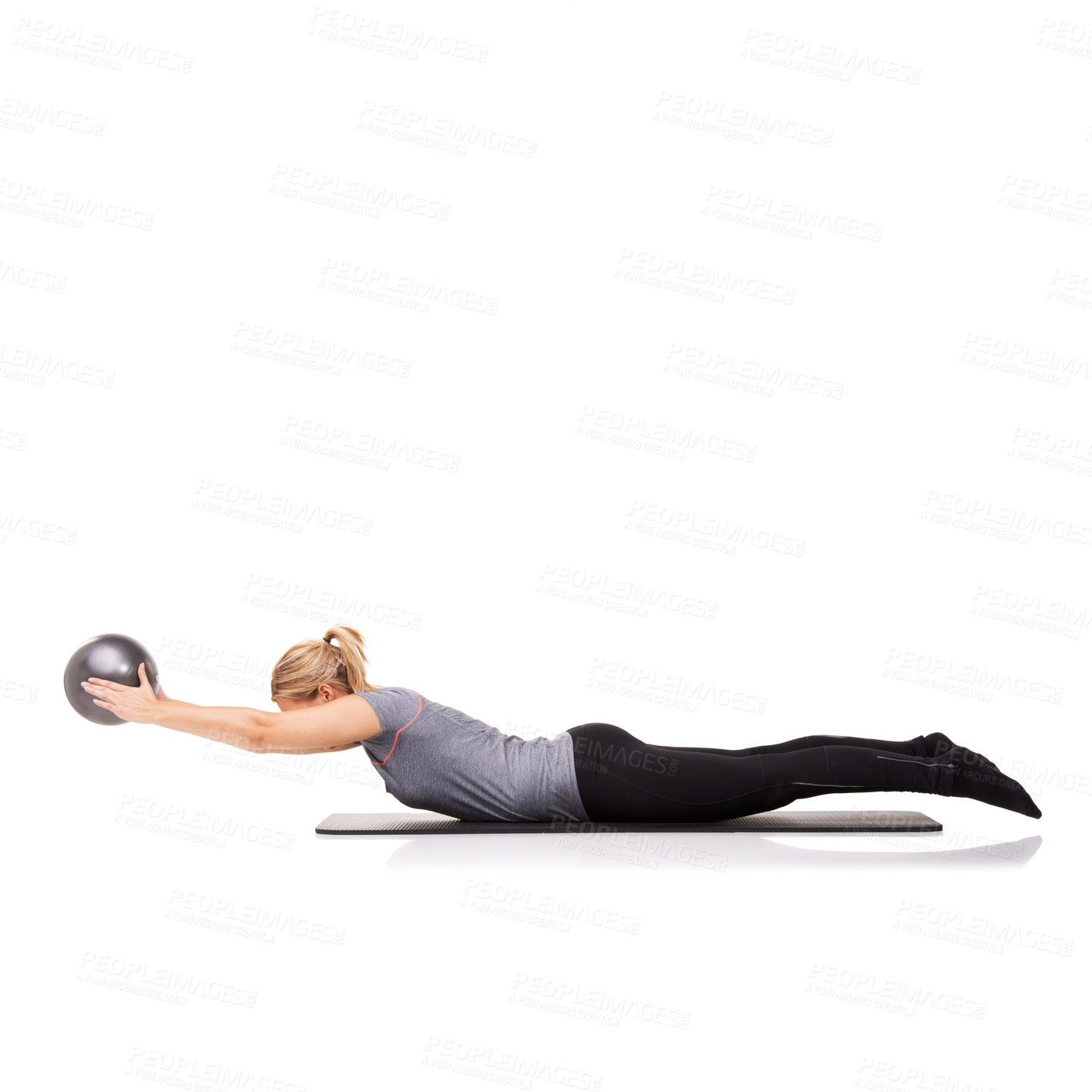 Buy stock photo Stretching arms, pilates or woman with ball in workout, exercise or body health isolated on white studio background mockup space. Flexible, mat or person on equipment for balance, training or fitness