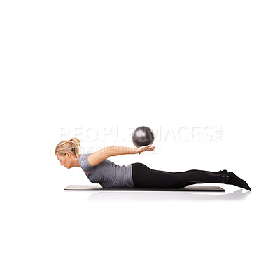 Buy stock photo Workout arms, pilates or woman on ball in exercise, stretching or body health isolated on a white studio background mockup space. Flexible, mat or person on equipment for balance, training or fitness