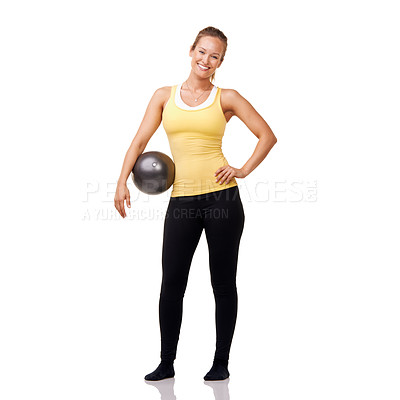 Buy stock photo Portrait, smile and woman with medicine ball, exercise or training healthy body isolated on white studio background mockup space. Happy person on pilates equipment, fitness or workout in Switzerland