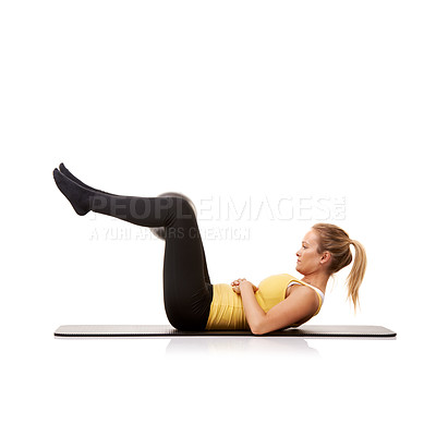 Buy stock photo Woman exercise on pilates ball, crunches and workout body health isolated on a white studio background mockup. Medicine equipment, core abdomen muscle and person in fitness, sports and training legs