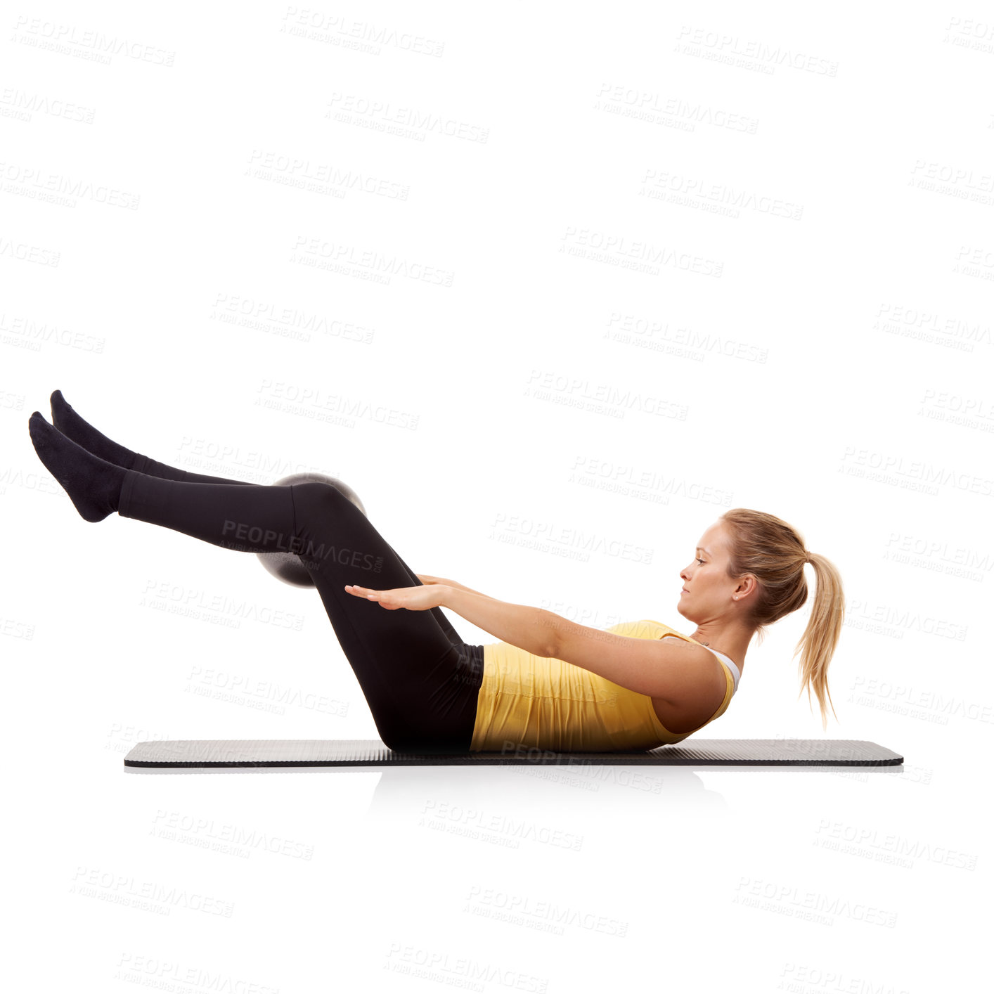 Buy stock photo Woman training on medicine ball, crunches and workout body health isolated on a white studio background mockup space. Equipment, core abdomen muscle and person in fitness, pilates and sit up exercise